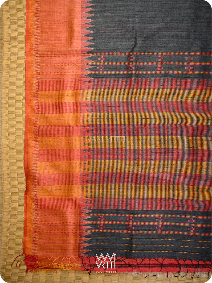 Black Orange Red Sangam Bristi Handspun Tussar Silk Saree