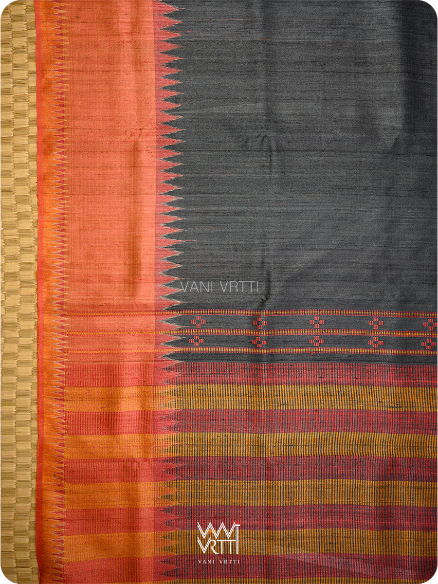 Black Orange Red Sangam Bristi Handspun Tussar Silk Saree