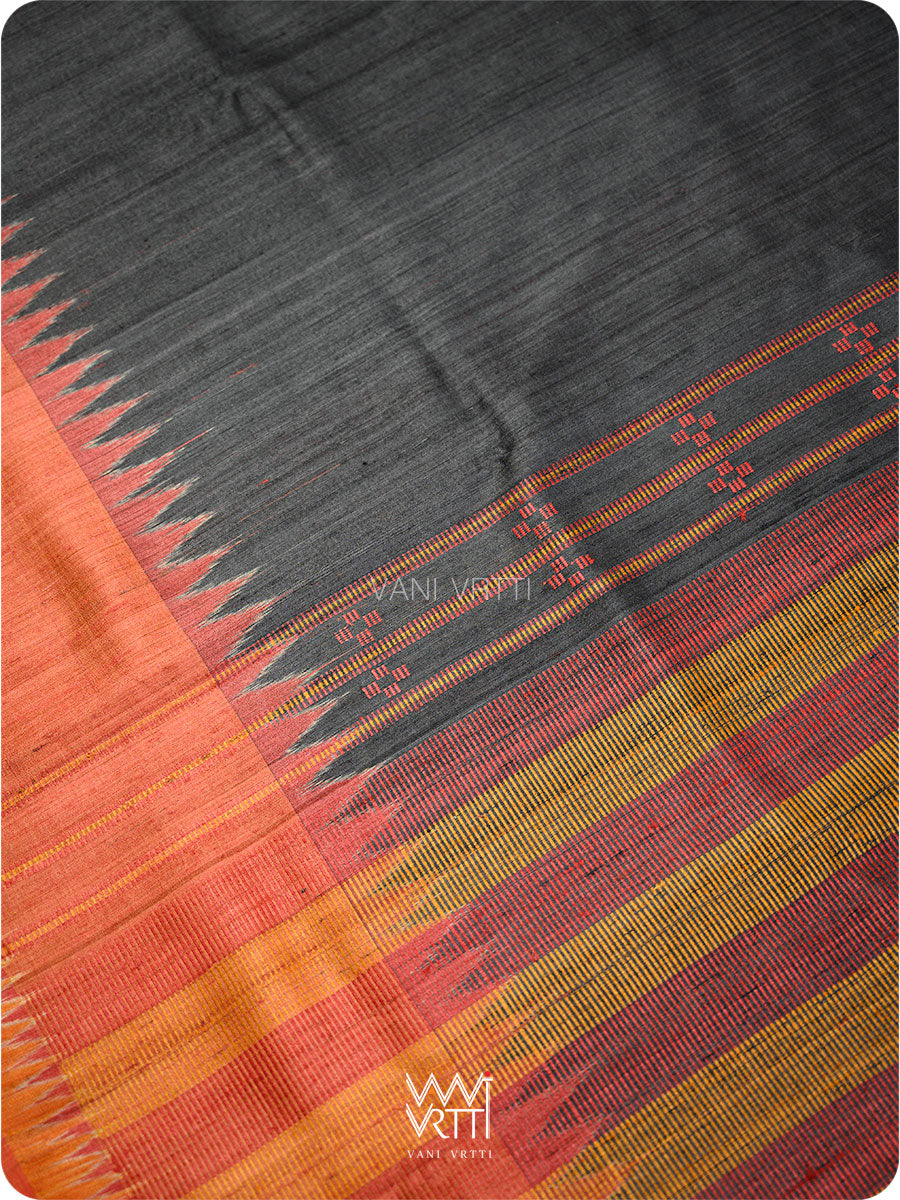 Black Orange Red Sangam Bristi Handspun Tussar Silk Saree