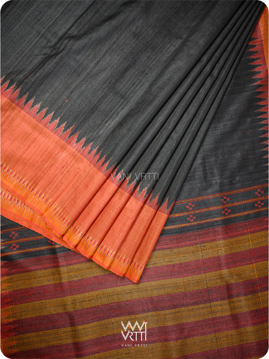 Black Orange Red Sangam Bristi Handspun Tussar Silk Saree