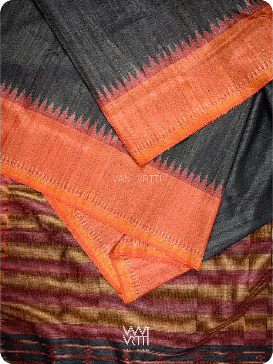 Black Orange Red Sangam Bristi Handspun Tussar Silk Saree