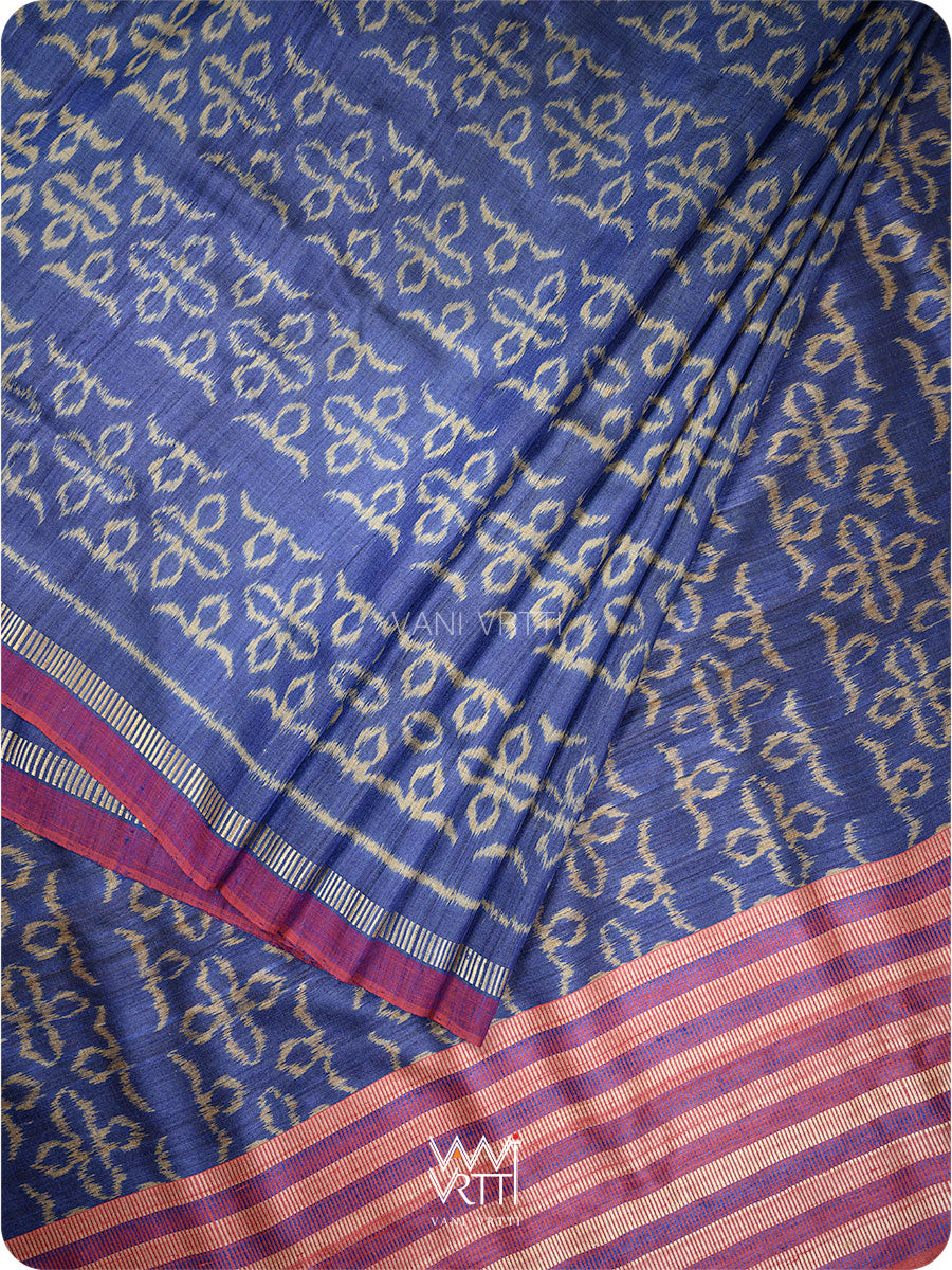 Royal Blue Ashok Phool Ikat Handspun Tussar Silk Saree