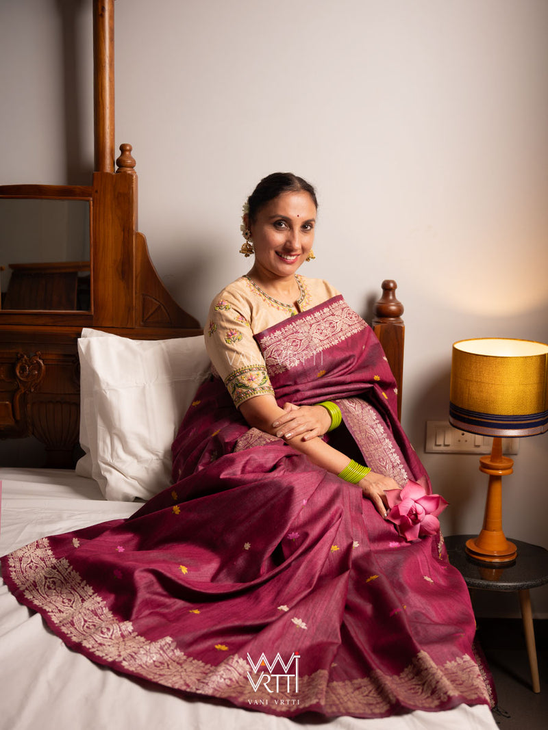 Deep Burgundy Pink Lotus Parrot Jaal Designer Exclusive Handspun Handwoven Tussar Silk Saree