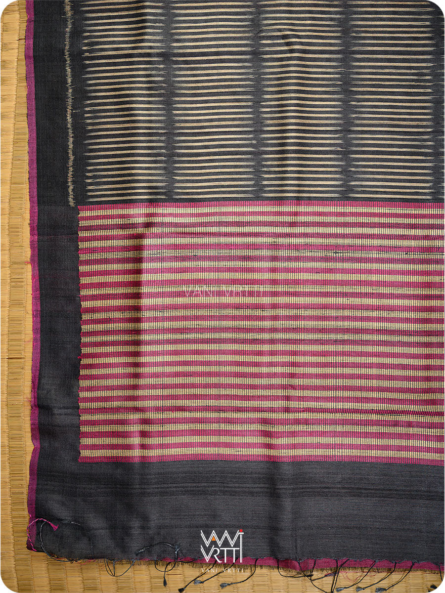 Black Manira Ikat Handspun Tussar Silk Saree