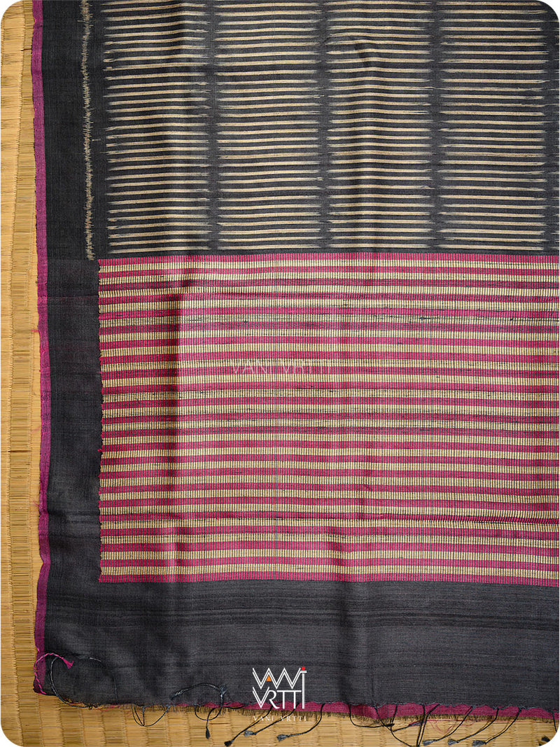 Black Manira Ikat Handspun Tussar Silk Saree