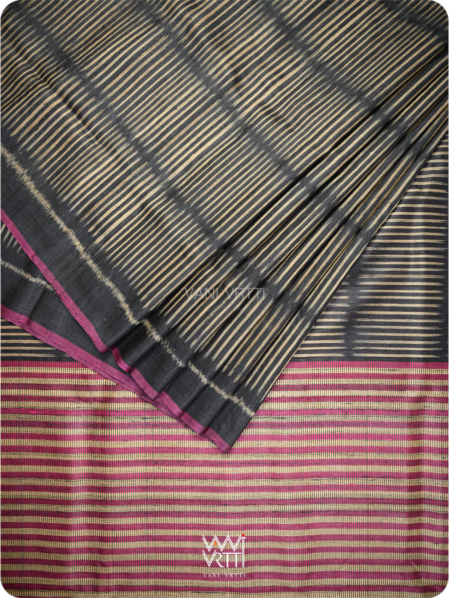 Black Manira Ikat Handspun Tussar Silk Saree