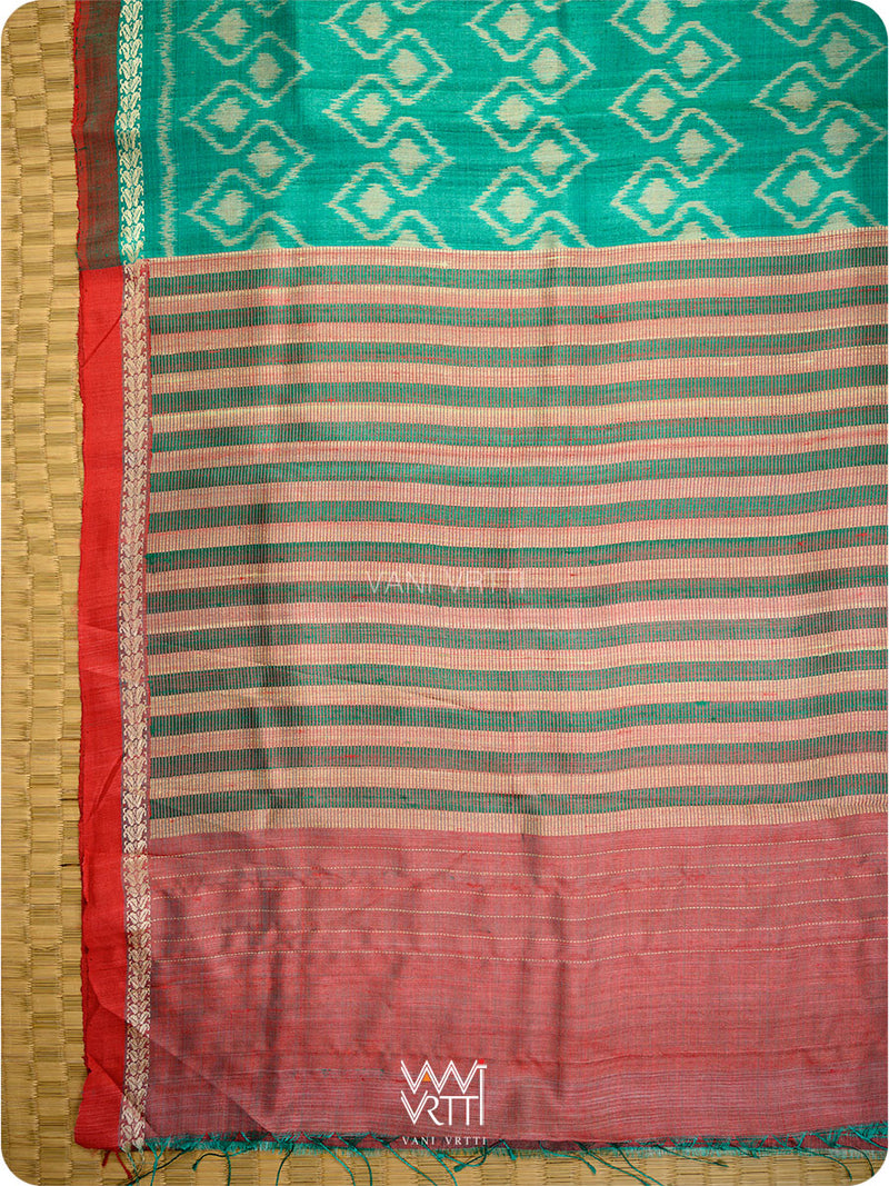 Emerald Green Red Santati Ikat Handspun Tussar Silk Saree
