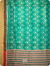 Emerald Green Red Santati Ikat Handspun Tussar Silk Saree