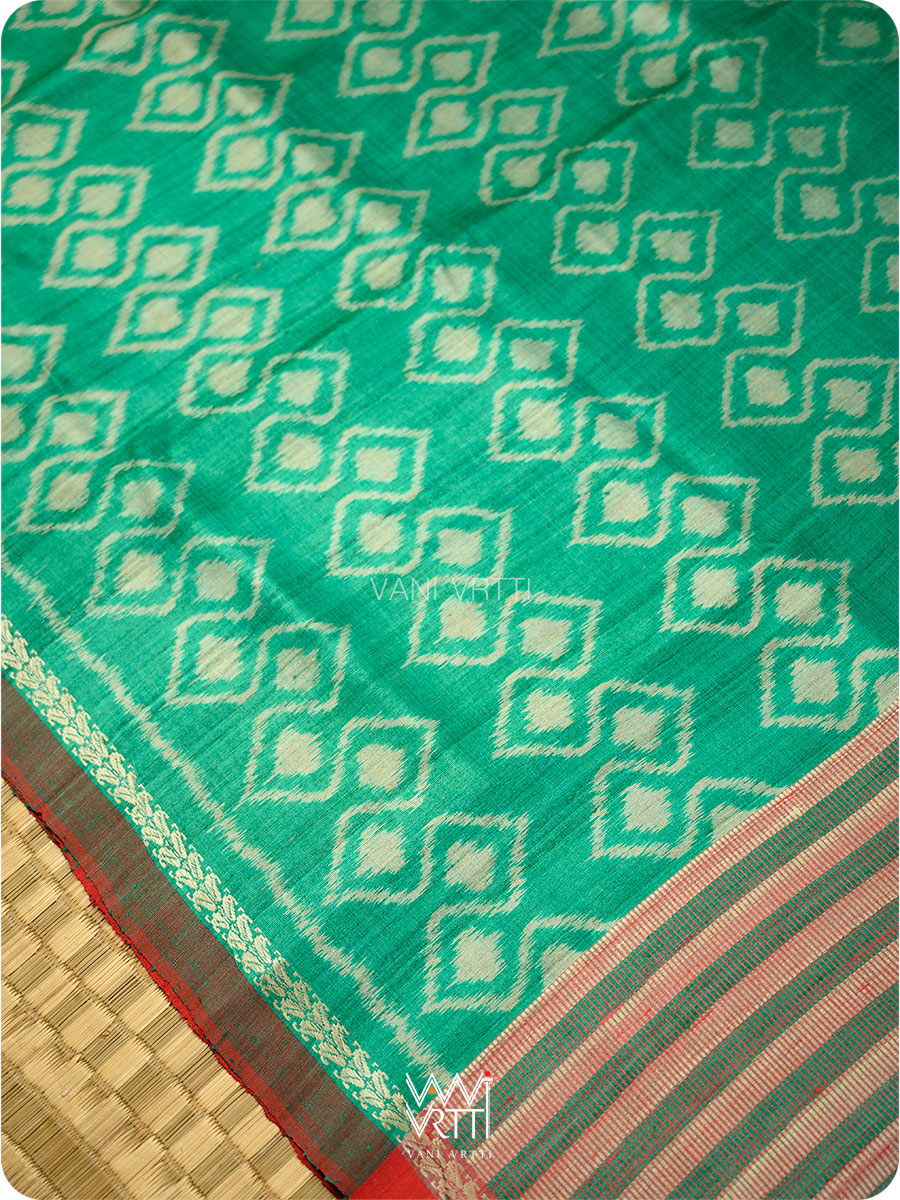 Emerald Green Red Santati Ikat Handspun Tussar Silk Saree