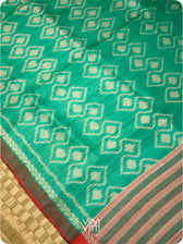 Emerald Green Red Santati Ikat Handspun Tussar Silk Saree