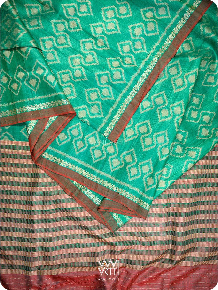 Emerald Green Red Santati Ikat Handspun Tussar Silk Saree