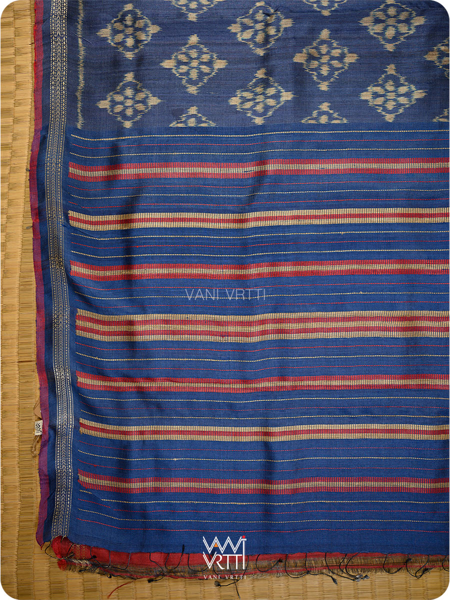Ink Blue Nargis Ikat Handspun Tussar Silk Sari