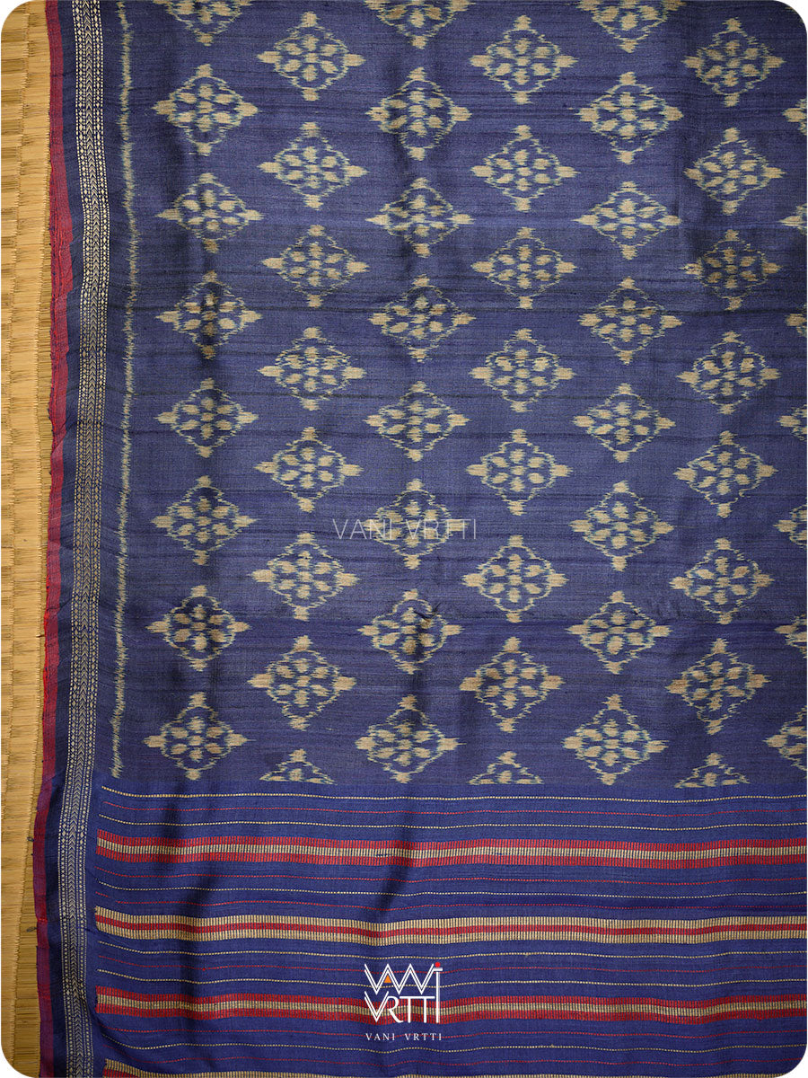 Ink Blue Nargis Ikat Handspun Tussar Silk Sari