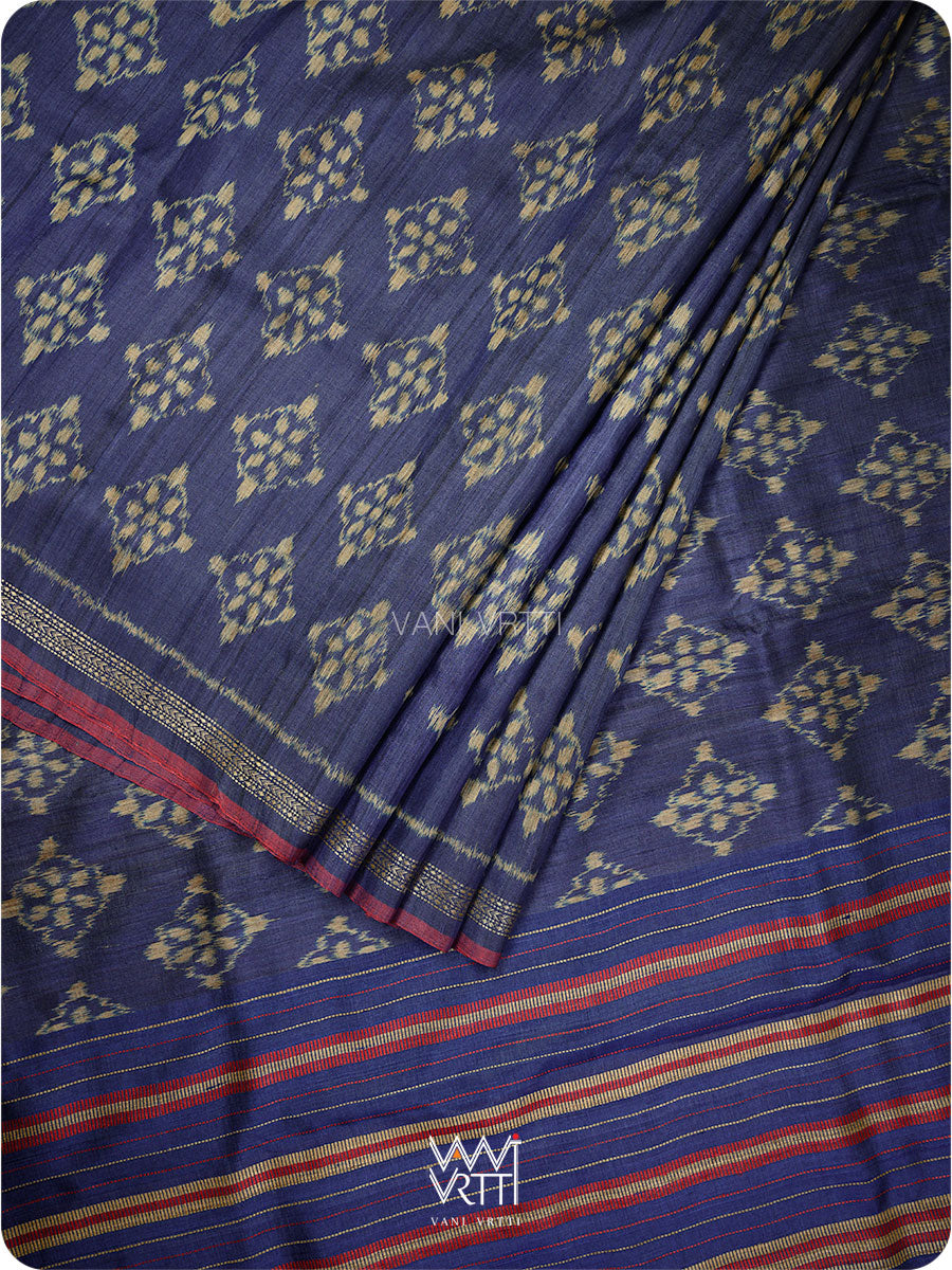 Ink Blue Nargis Ikat Handspun Tussar Silk Sari