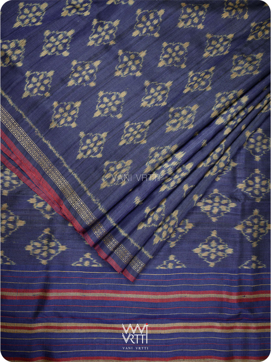 Ink Blue Nargis Ikat Handspun Tussar Silk Sari
