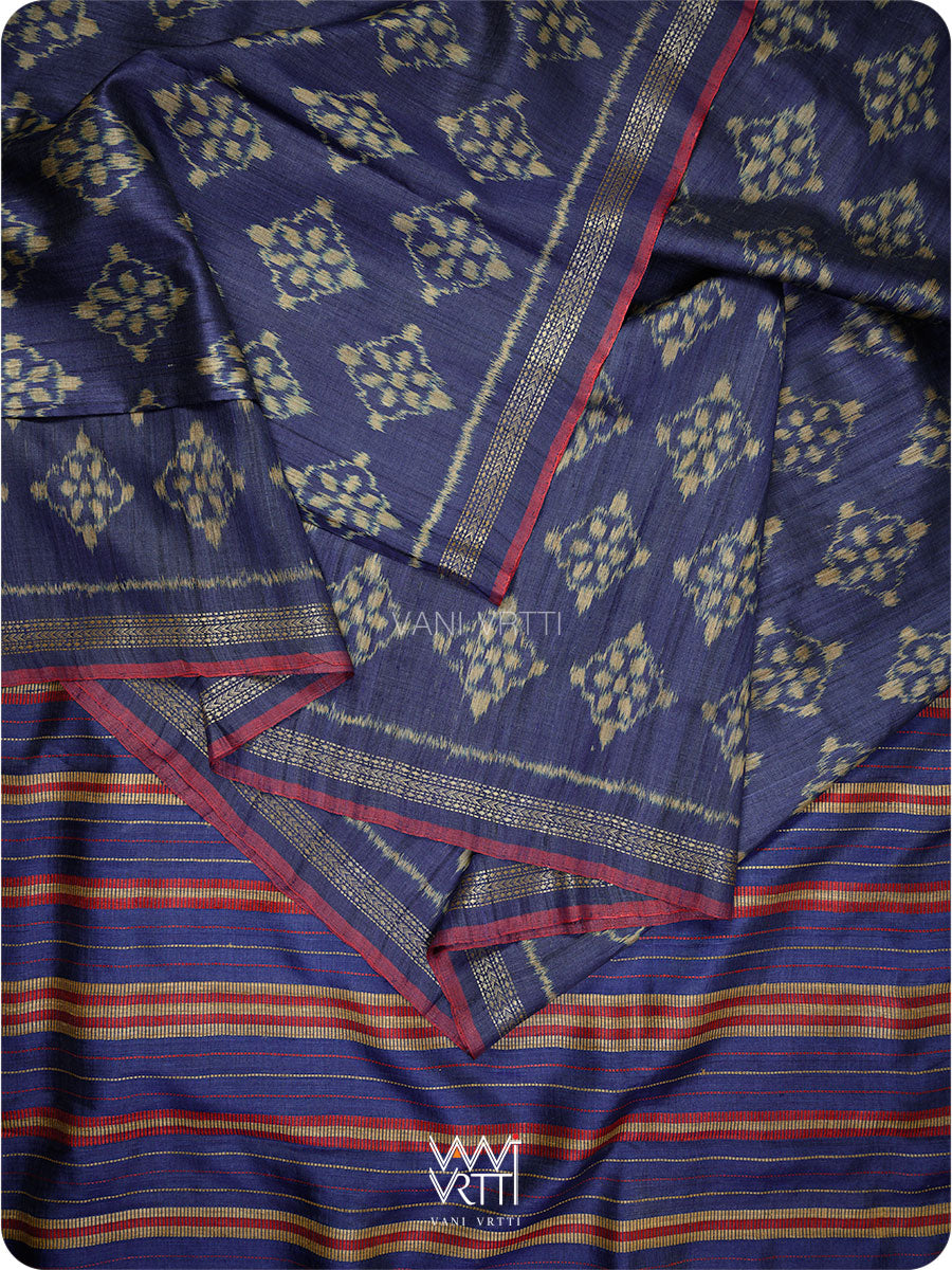 Ink Blue Nargis Ikat Handspun Tussar Silk Sari