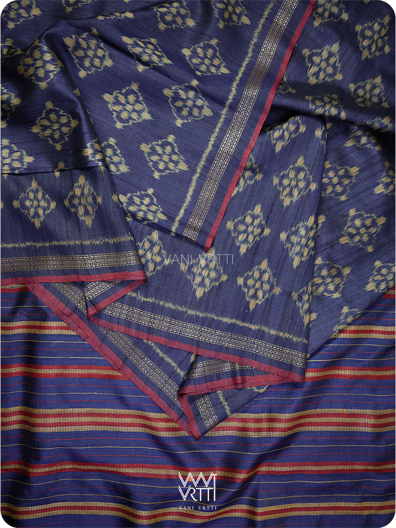 Ink Blue Nargis Ikat Handspun Tussar Silk Sari