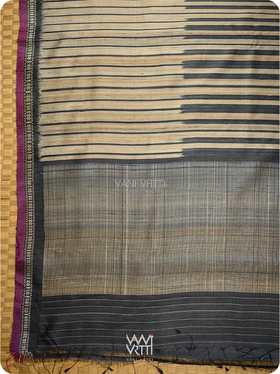 Slate Black Rekhaya  Ikat Handspun Tussar Silk Saree