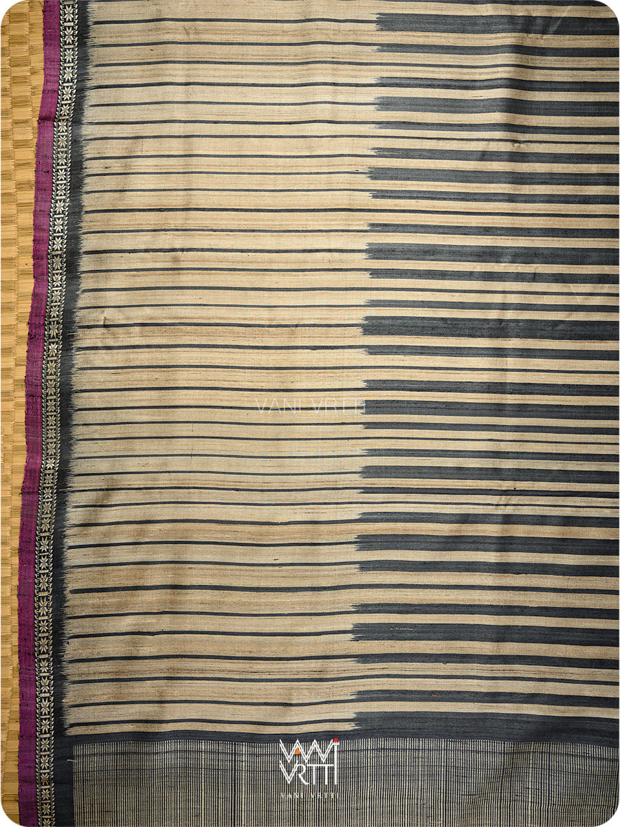 Slate Black Rekhaya  Ikat Handspun Tussar Silk Saree
