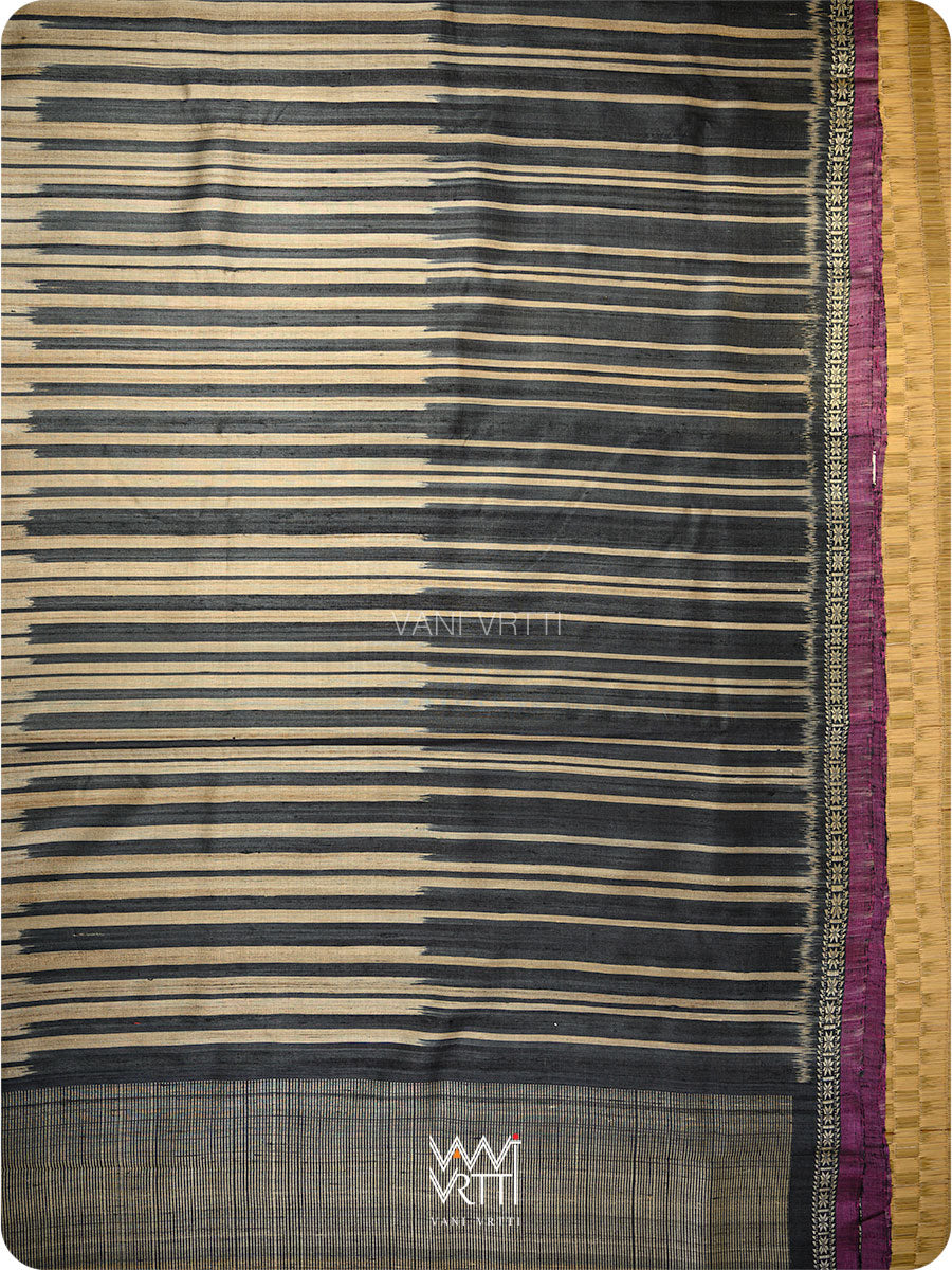 Slate Black Rekhaya  Ikat Handspun Tussar Silk Saree
