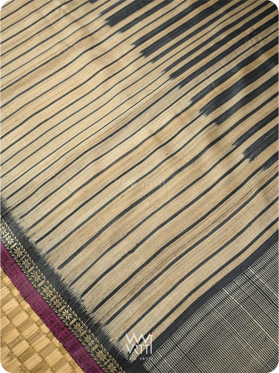 Slate Black Rekhaya  Ikat Handspun Tussar Silk Saree