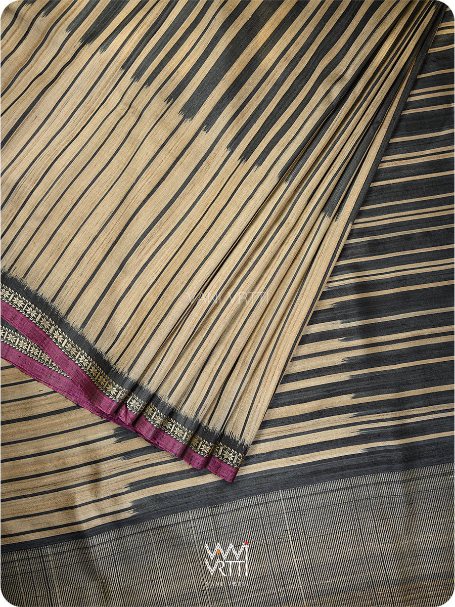 Slate Black Rekhaya  Ikat Handspun Tussar Silk Saree