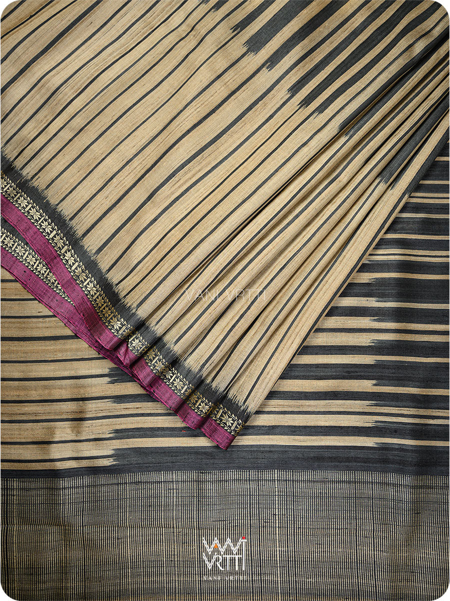 Slate Black Rekhaya  Ikat Handspun Tussar Silk Saree