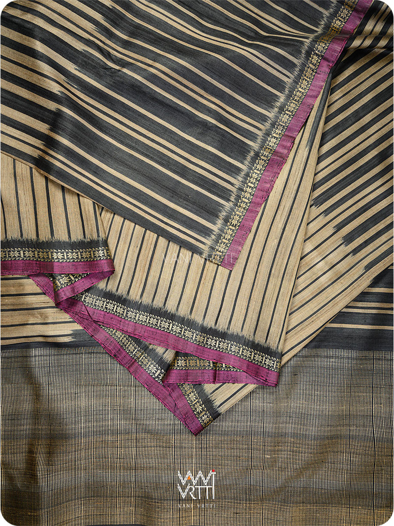 Slate Black Rekhaya  Ikat Handspun Tussar Silk Saree