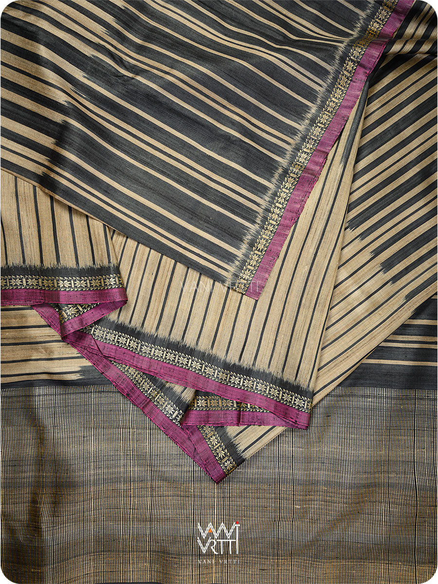 Slate Black Rekhaya  Ikat Handspun Tussar Silk Saree