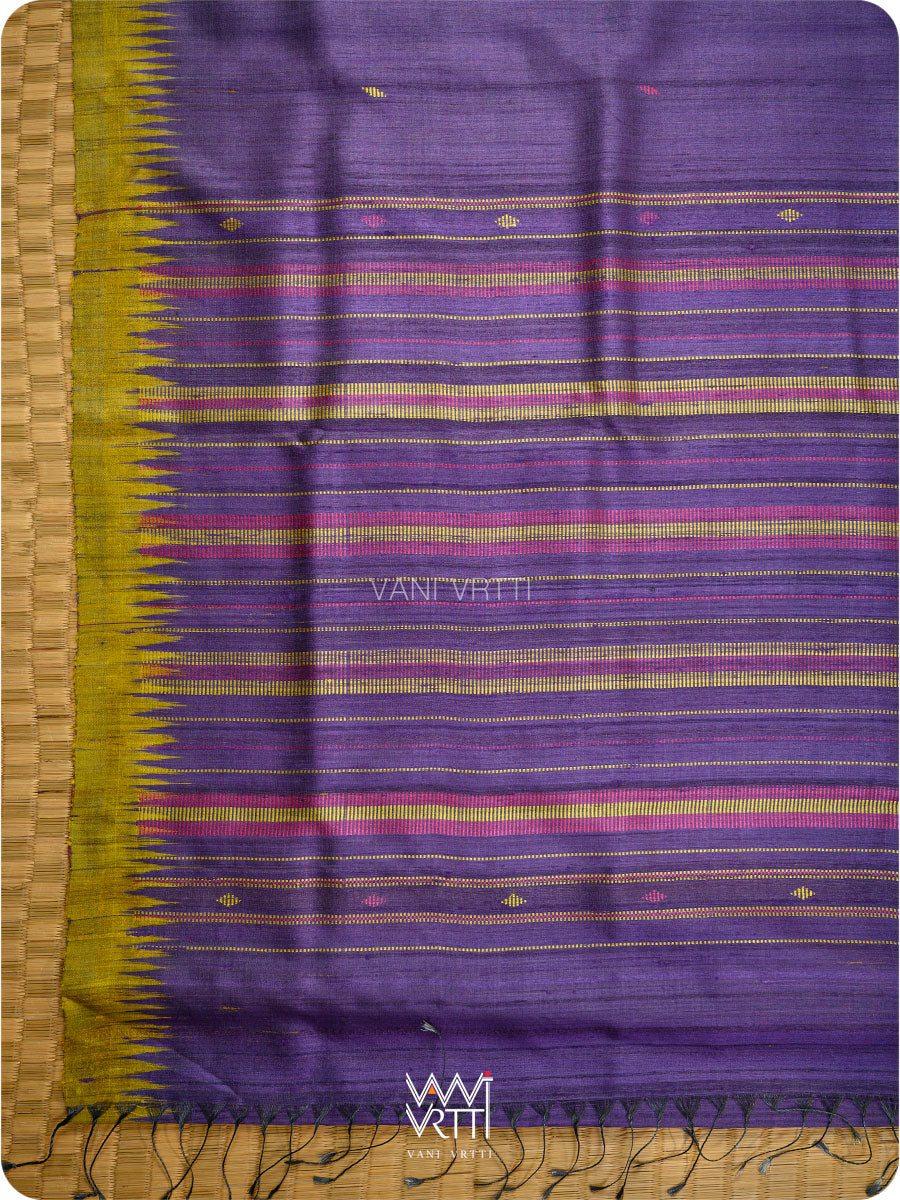 Deep Baingani Lime Green Magenta Ganga Jamuna Kondha Handspun Tussar Silk Saree