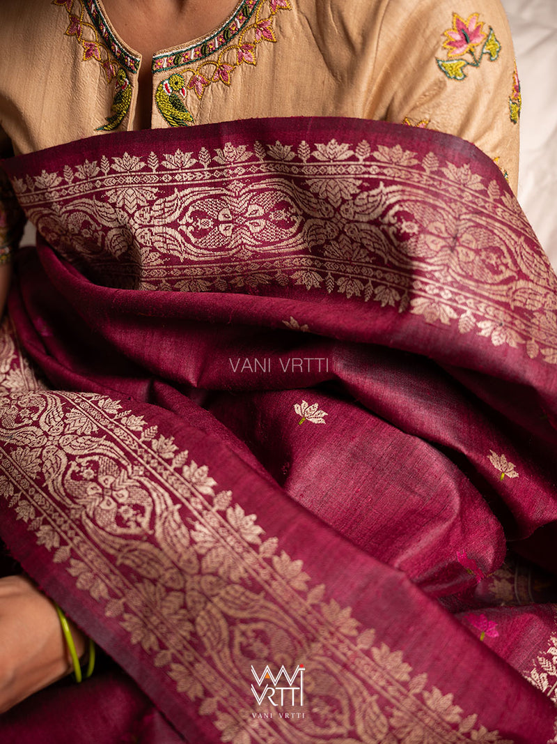 Deep Burgundy Pink Lotus Parrot Jaal Designer Exclusive Handspun Handwoven Tussar Silk Saree