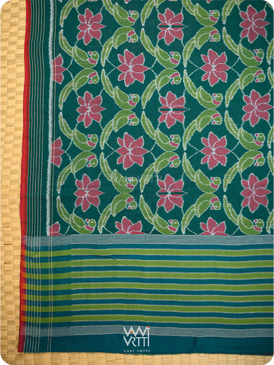 Deep Bottle Green Lotus Parrot Fine Cotton Ikat Saree