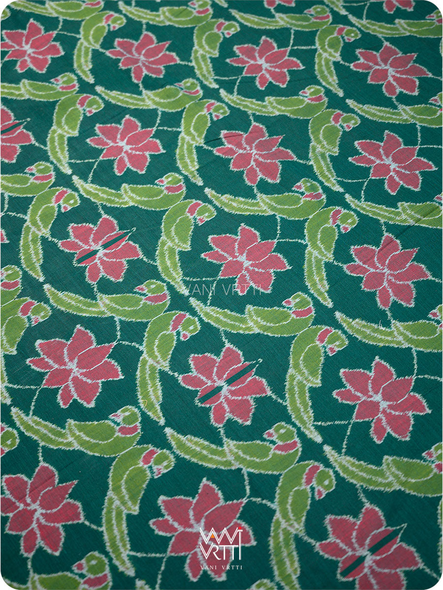 Deep Bottle Green Lotus Parrot Fine Cotton Ikat Saree