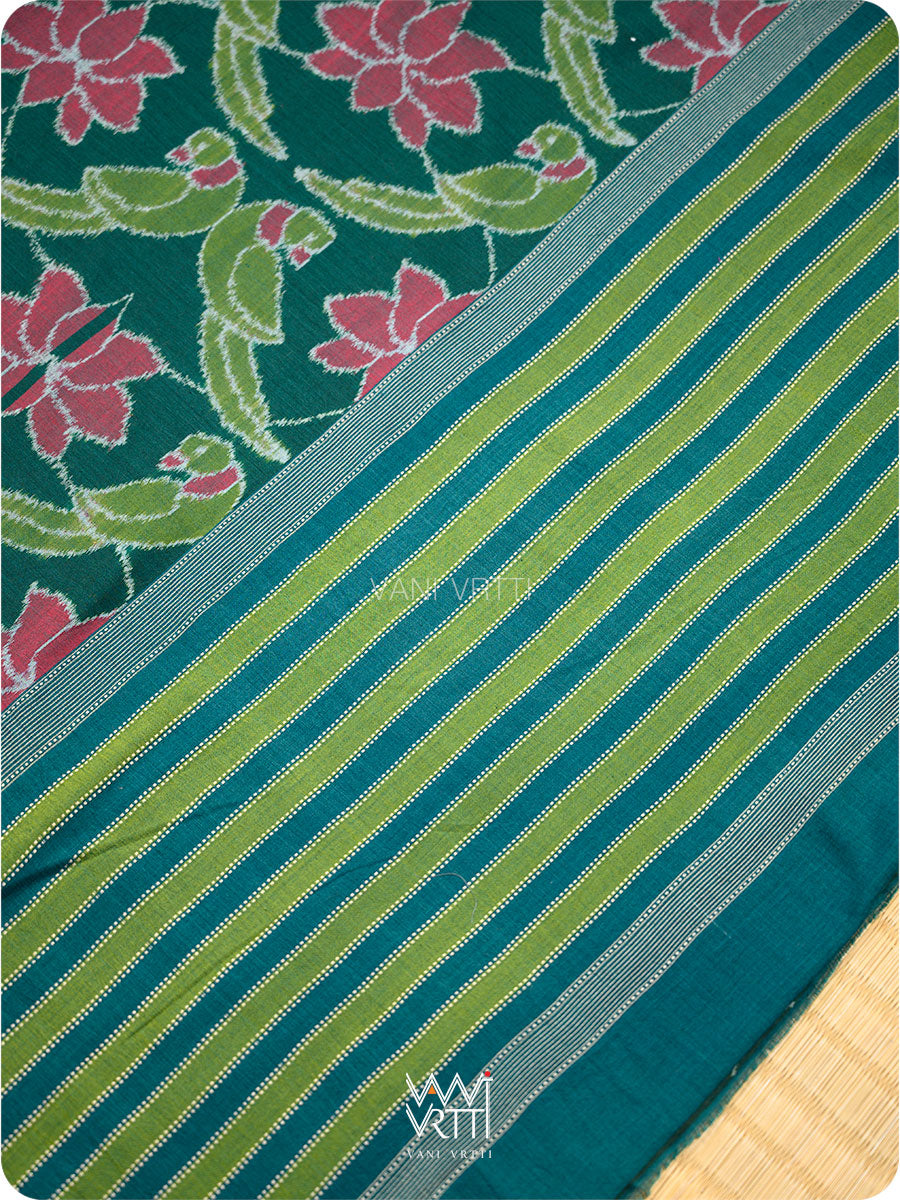 Deep Bottle Green Lotus Parrot Fine Cotton Ikat Saree