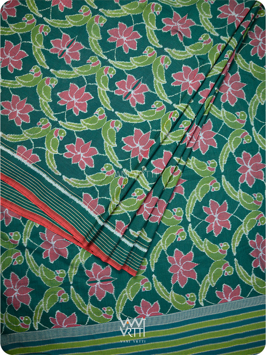 Deep Bottle Green Lotus Parrot Fine Cotton Ikat Saree