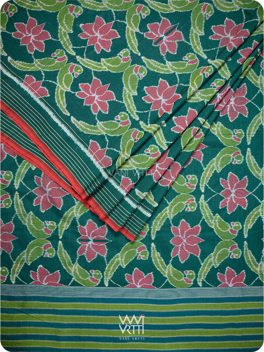 Deep Bottle Green Lotus Parrot Fine Cotton Ikat Saree