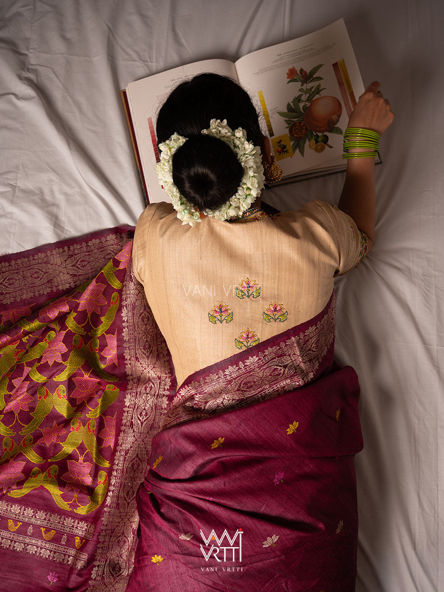 Off White Lotus Parrot Hand Embroidery Tussar Silk Blouse