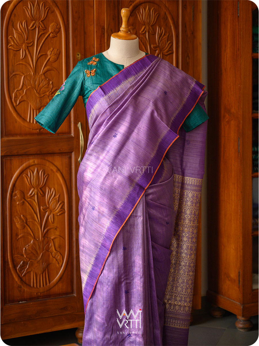 Deep Lavender Purple Nabh Butterfly Handspun Tussar Silk Saree