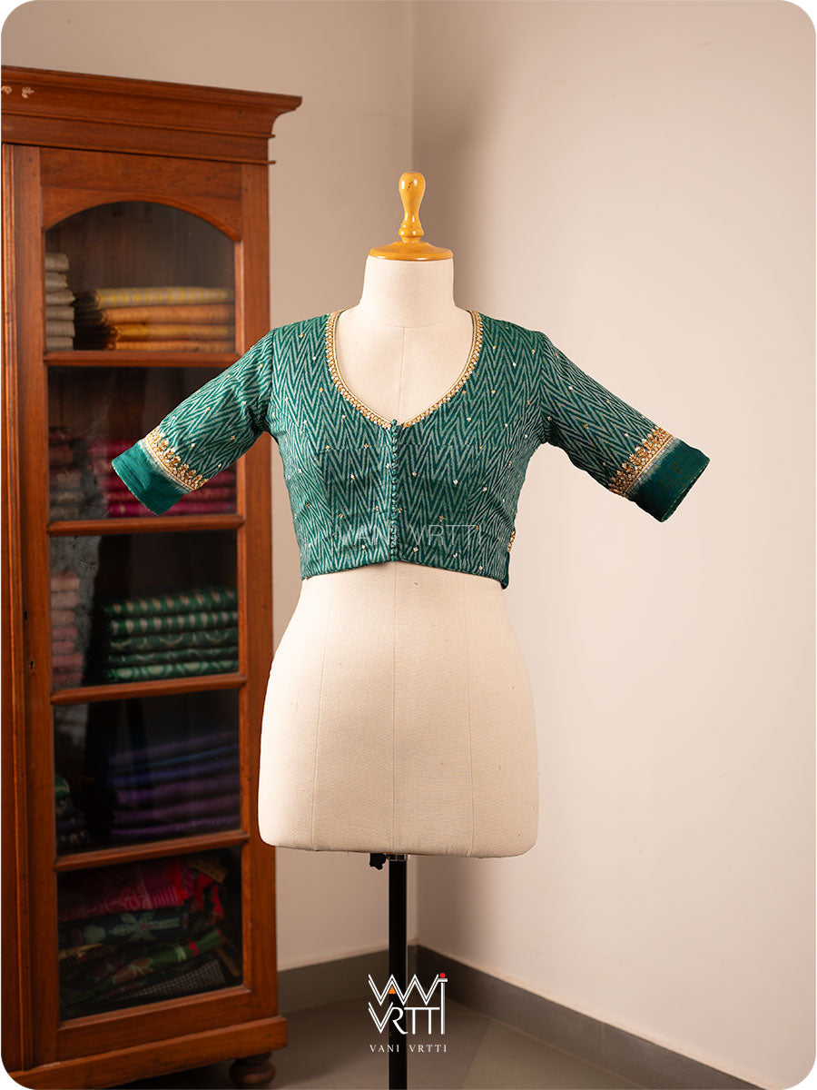 Emerald Green Wheat Flower Zardozi Cotton Ikkat Blouse
