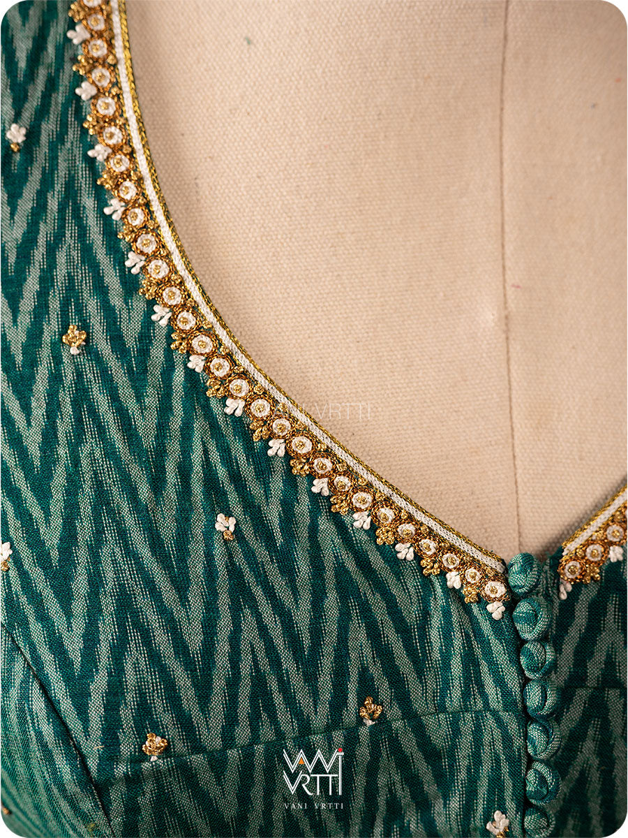 Emerald Green Wheat Flower Zardozi Cotton Ikkat Blouse