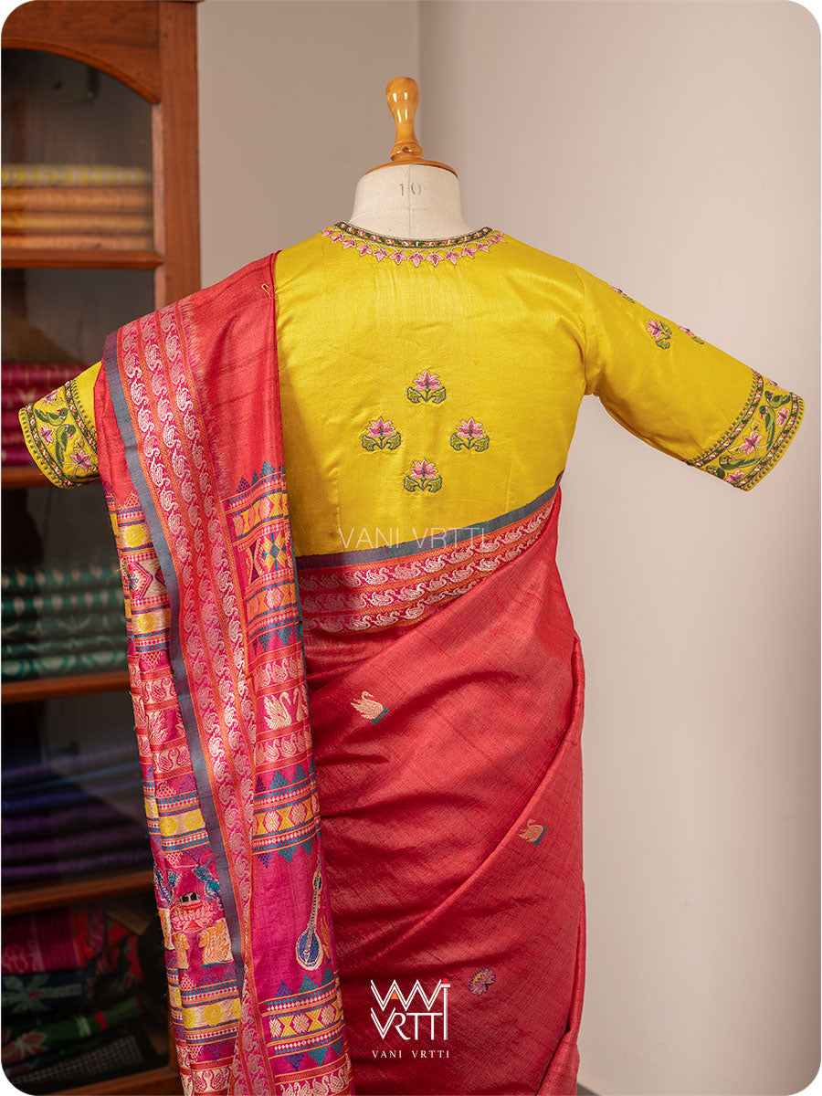 Yellow Lotus Parrot Hand Embroidery Tussar Silk Blouse