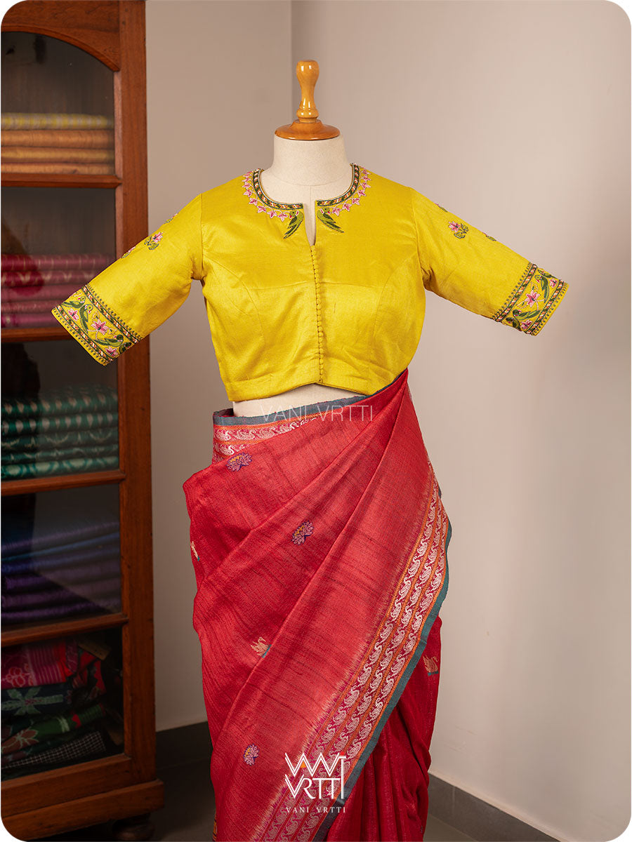 Yellow Lotus Parrot Hand Embroidery Tussar Silk Blouse