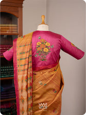 Rani Pink Marigold Plant And Butterflies  Hand Embroidery Tussar Silk Blouse