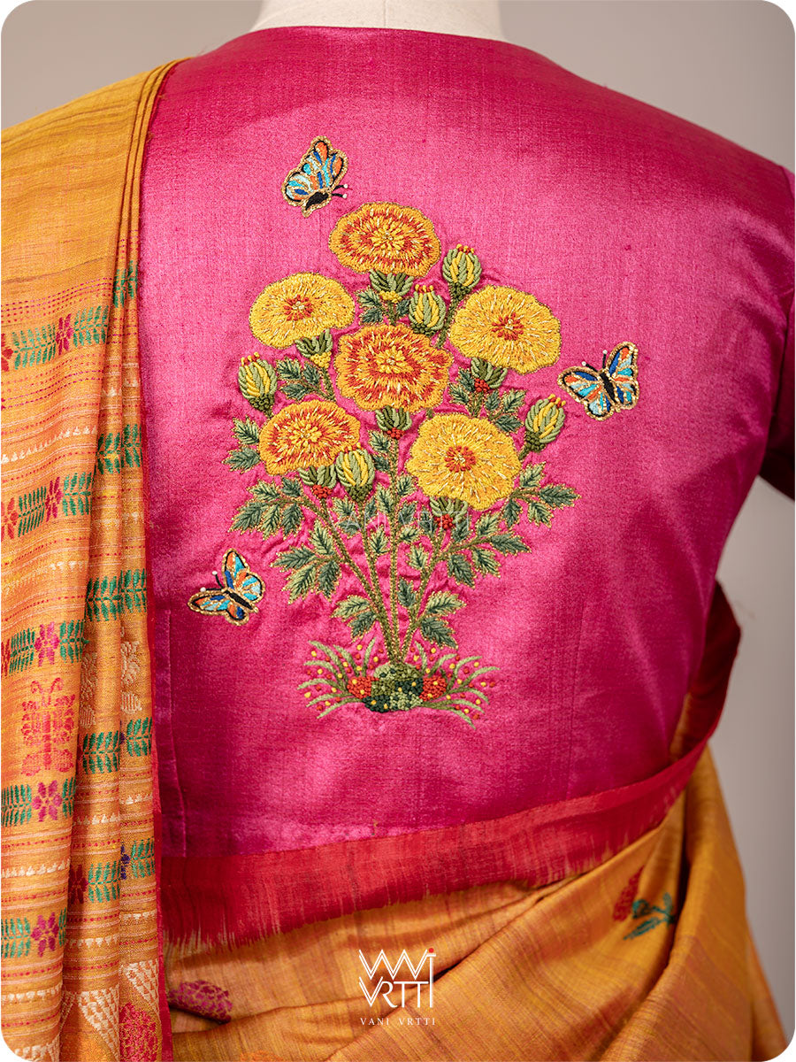 Rani Pink Marigold Plant And Butterflies  Hand Embroidery Tussar Silk Blouse