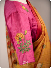 Rani Pink Marigold Plant And Butterflies  Hand Embroidery Tussar Silk Blouse