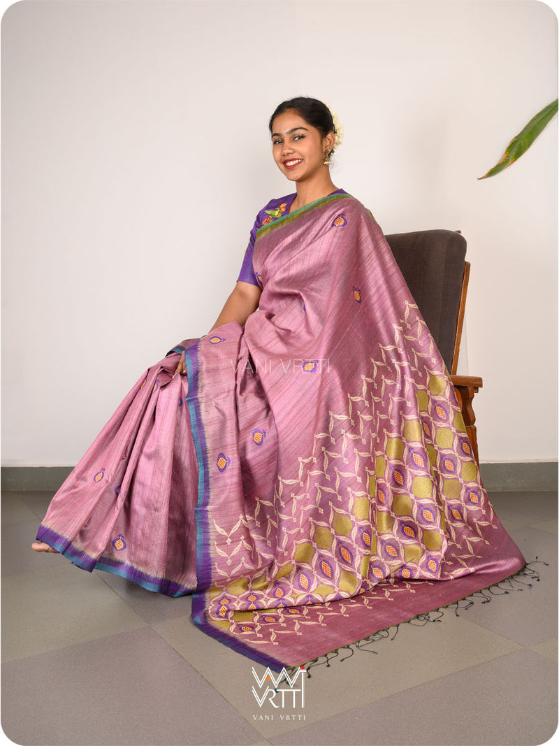 Deep Lilac Pomegranate Jaal Handspun Tussar Silk Saree