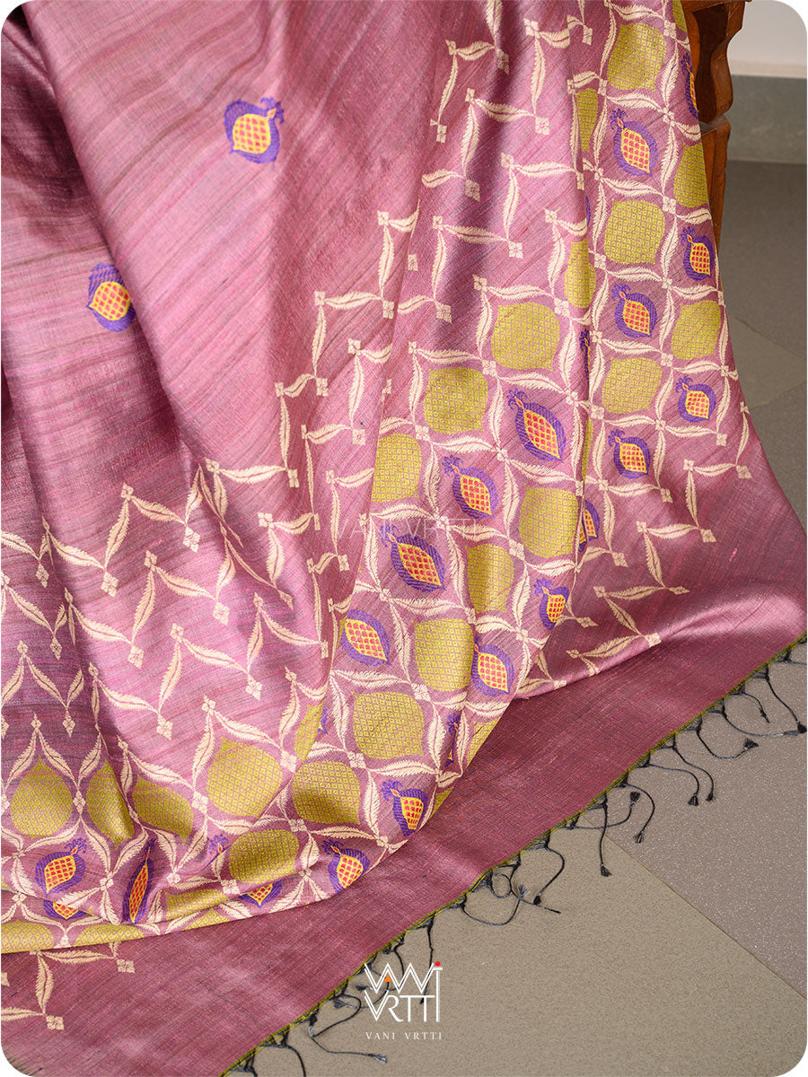Deep Lilac Pomegranate Jaal Handspun Tussar Silk Saree