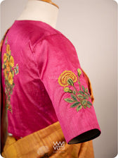Rani Pink Marigold Plant And Butterflies  Hand Embroidery Tussar Silk Blouse