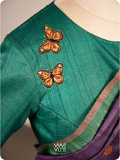 Emerald Green Saffron Flower And Monarch Butterflies Hand Embroidery Tussar Silk Blouse