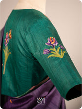 Emerald Green Saffron Flower And Monarch Butterflies Hand Embroidery Tussar Silk Blouse